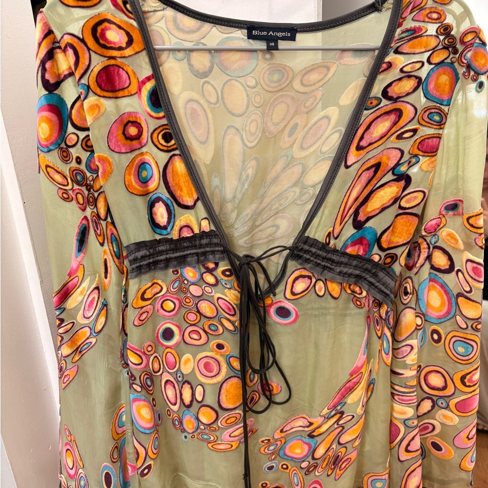 Blue Angels Green Sheer V-Neck Tunic with Multicolor Circle Print